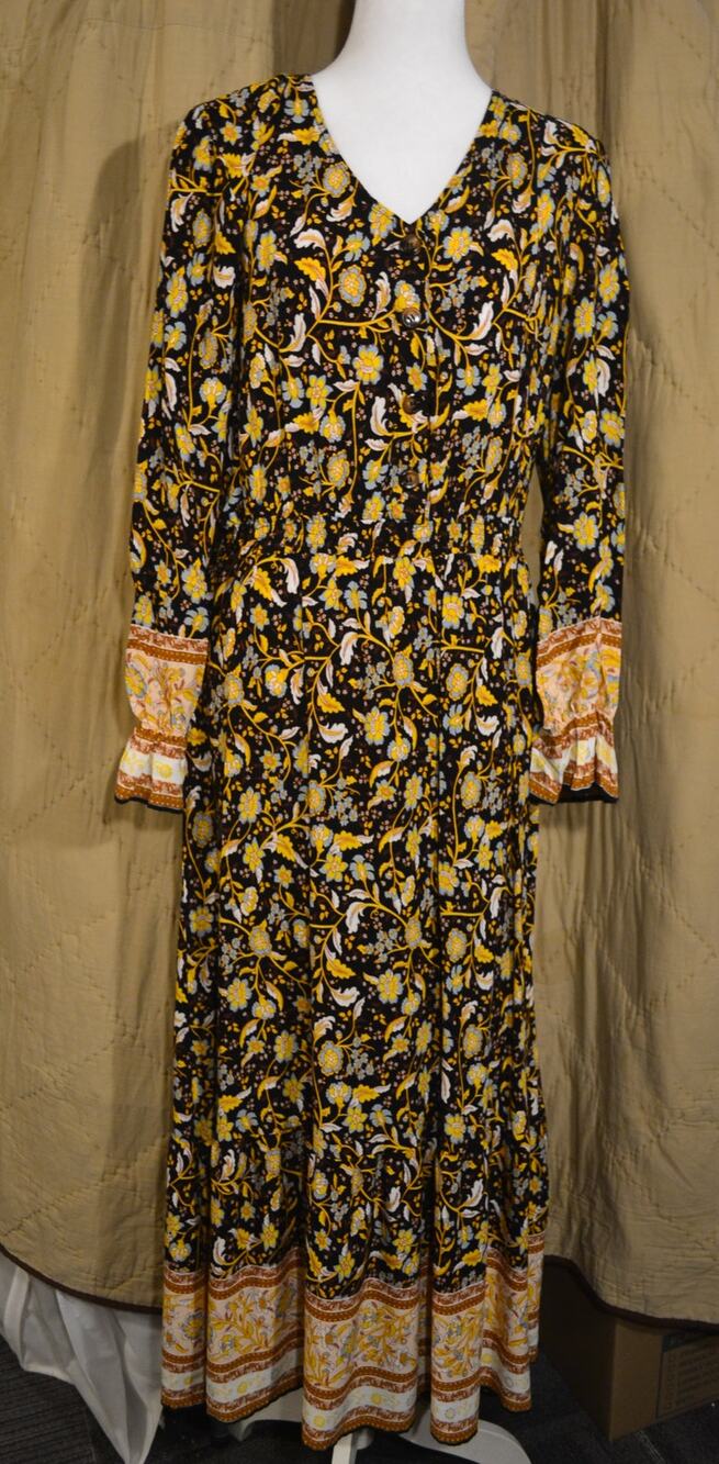 Fashion Women’s XL Black Floral Boho Maxi Dress Button Front Border Print